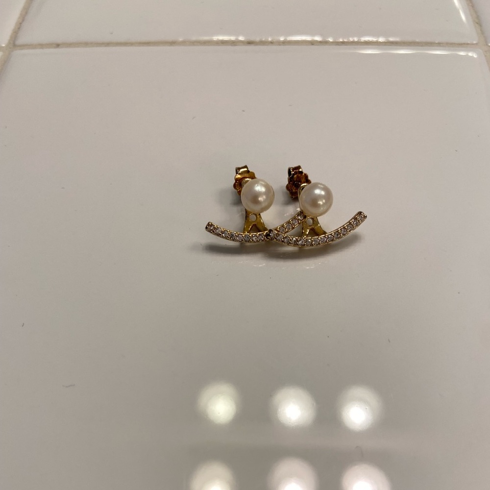 Gold Vermeil Pearl Earrings with Crystal Ear Jackets - Picture 5 of 5